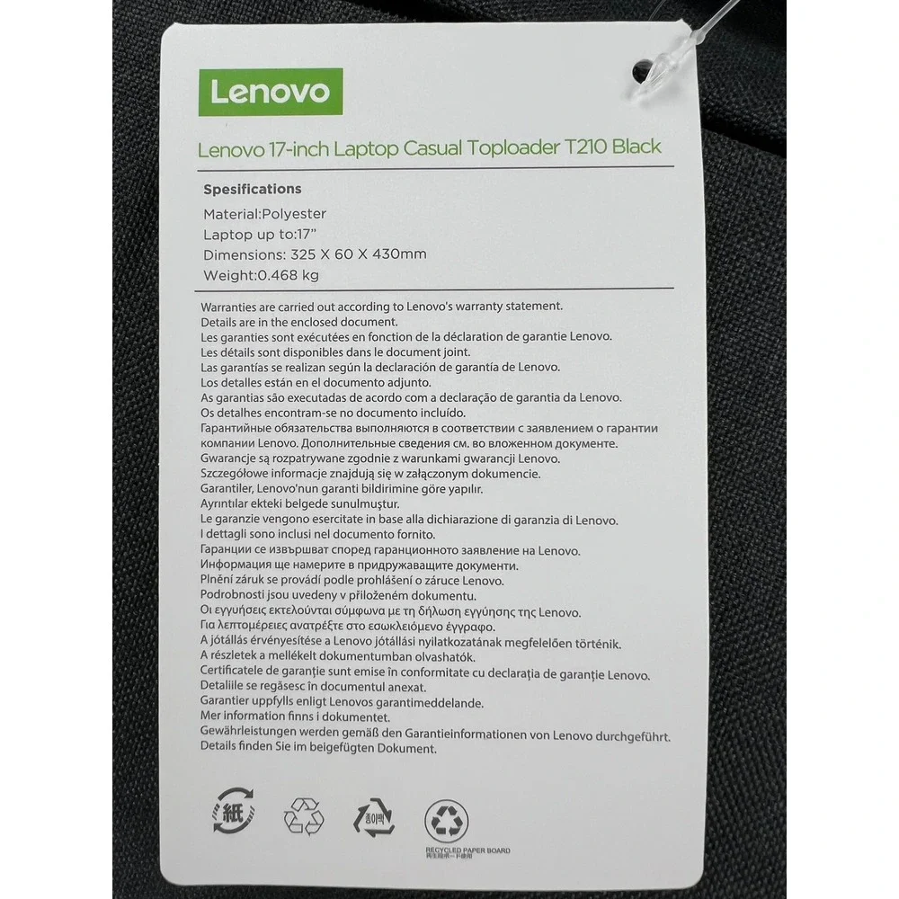 Lenovo Laptop Casual Toploader T210 Bag 17-inch Black Polyester NWT